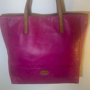 Fossil magenta/tan trim genuine leather tote